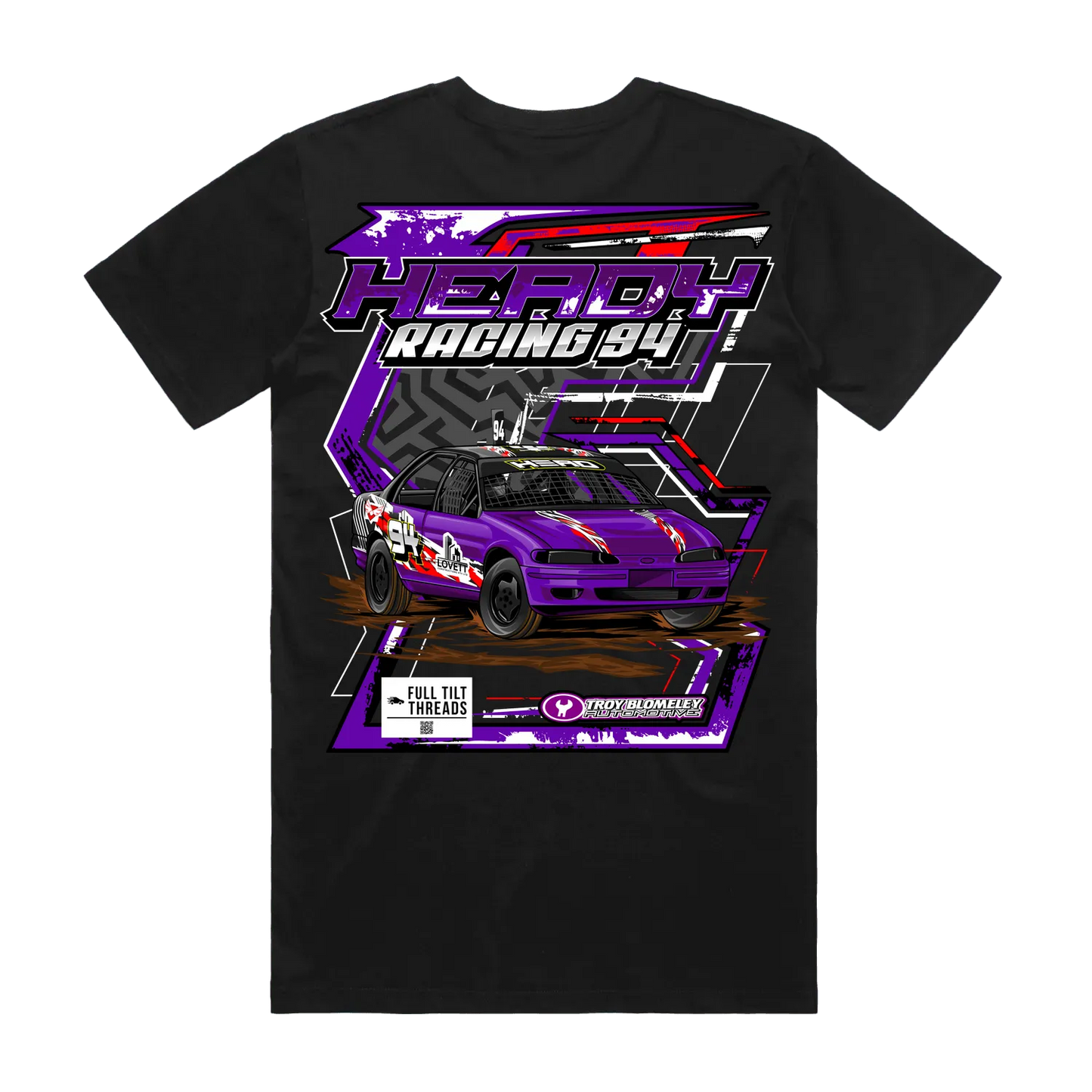 Black t-shirt with a purple and red car graphic and text on a white background