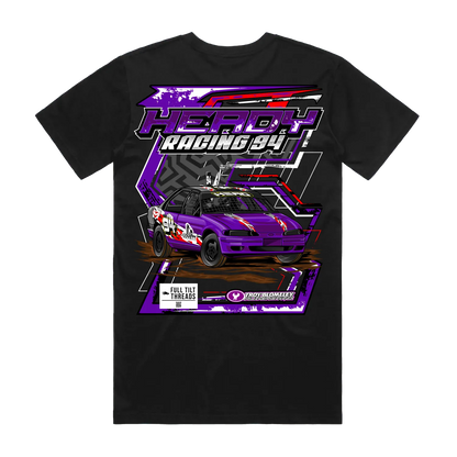 Black t-shirt with a purple and red car graphic and text on a white background