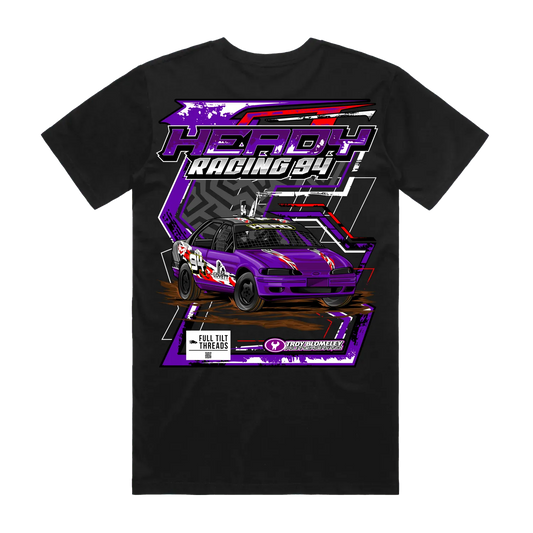 Black t-shirt with a purple and red car graphic and text on a white background
